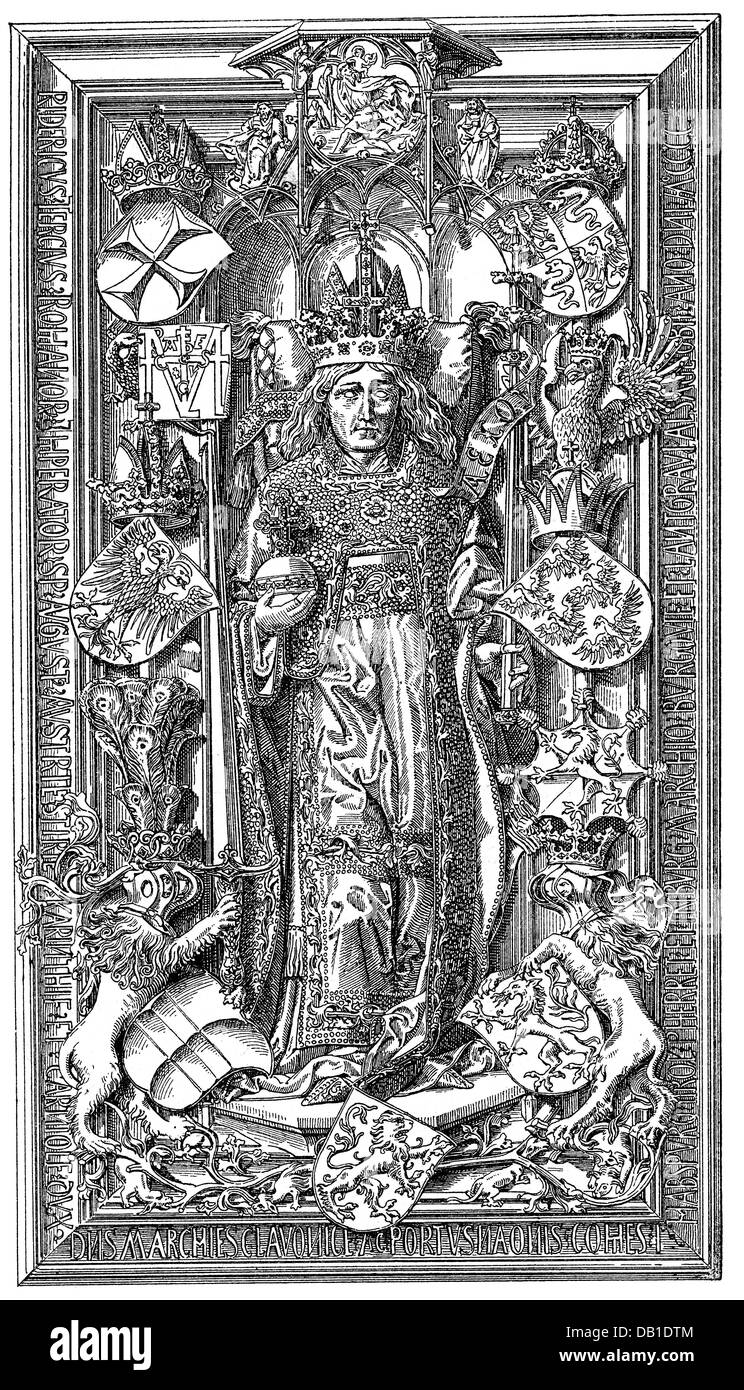 Frederick III 'the Peaceful', 21.9.1415 - 19.8.1493, Holy Roman Emperor 16.3.1452 - 19.8.1493, full length, sculpture, grave in St. Stephan's Cathedral, Vienna, 1493, wood engraving, 19th century, Stock Photo