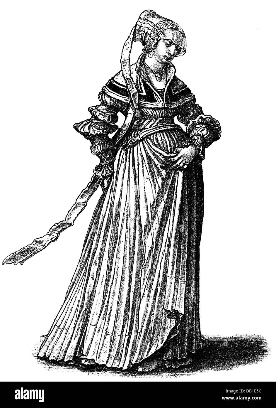 fashion, 16th century, Switzerland, patrician woman from Basel, woodcut by Hans Holbein, circa 1510, Additional-Rights-Clearences-Not Available Stock Photo