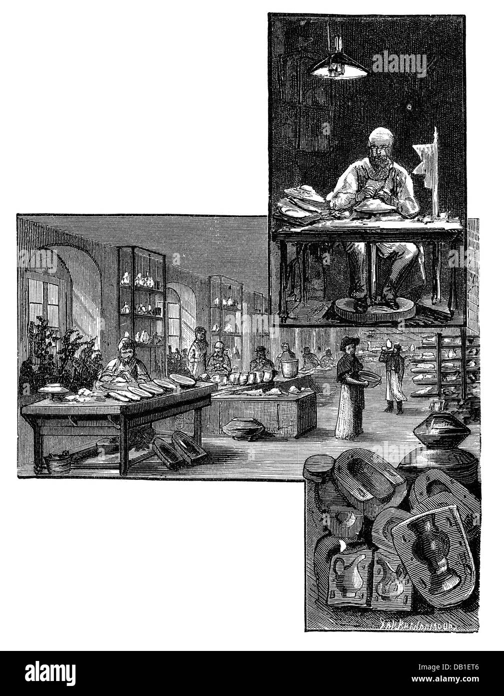 industry,porcelain,moulding and revolving,Meissen porcelain factory,wood engraving by Robert