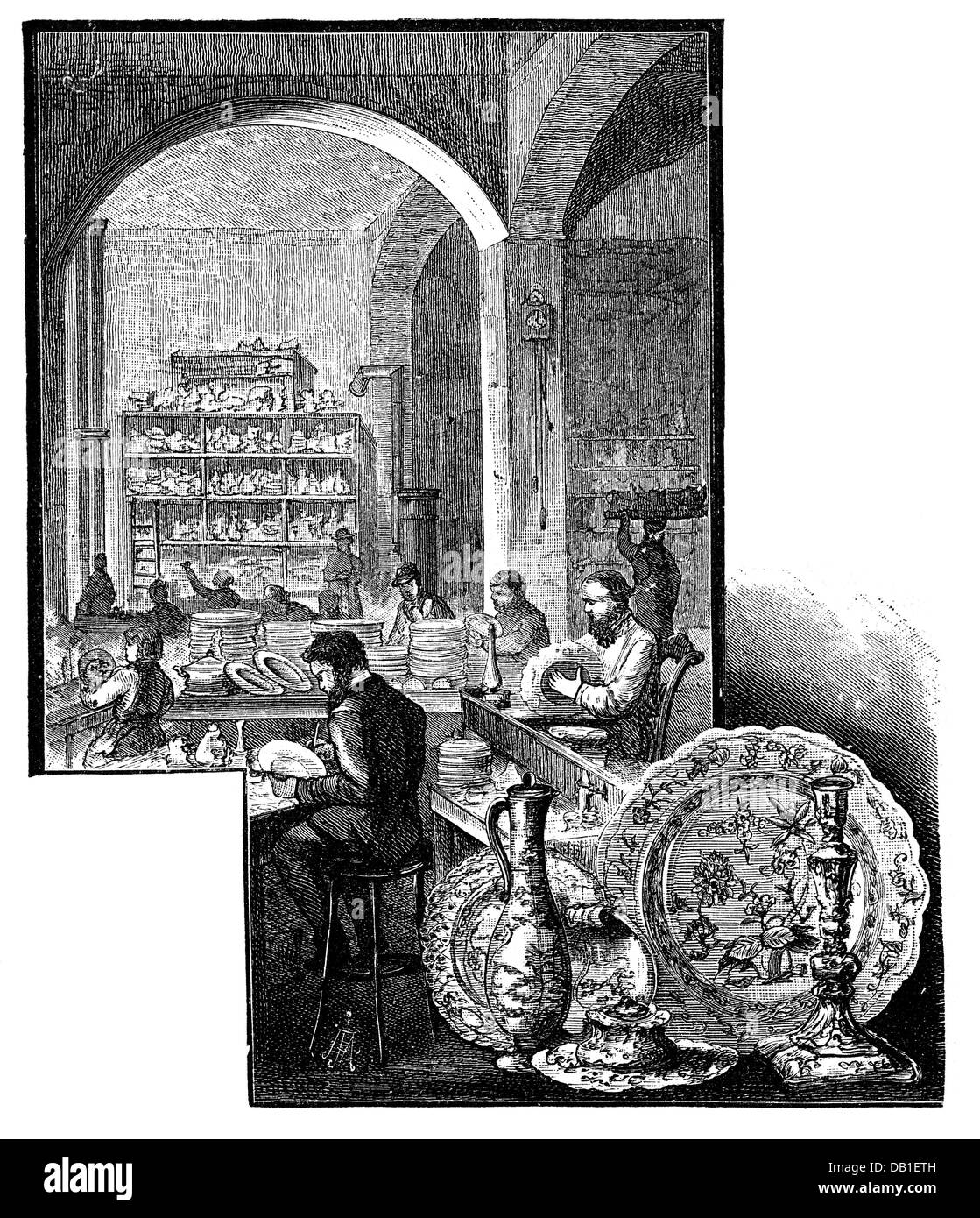 industry, porcelain, flower room, Meissen porcelain factory, wood engraving by Robert Brend
