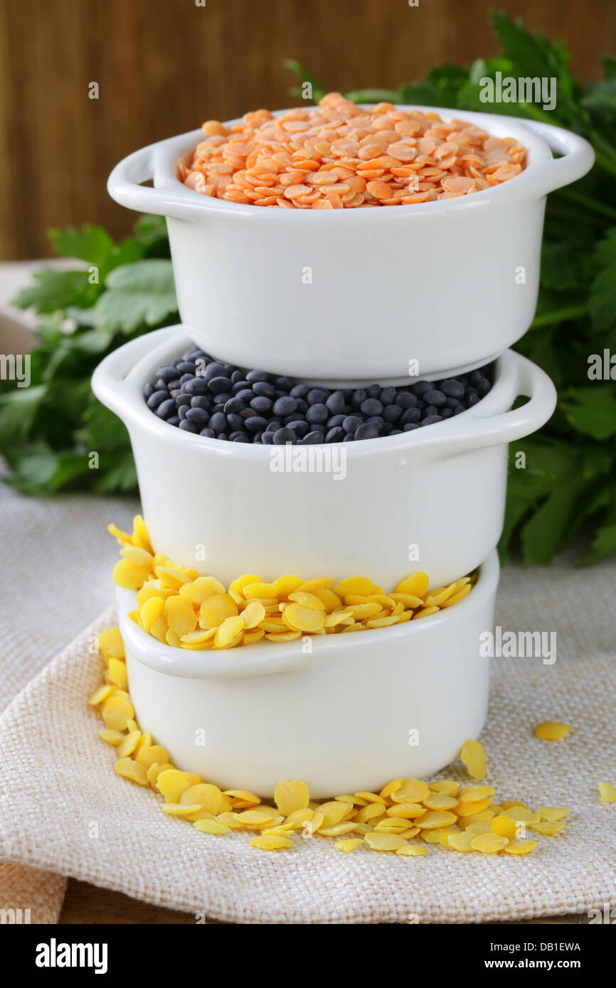 different kinds of lentils - red, yellow and black Stock Photo - Alamy