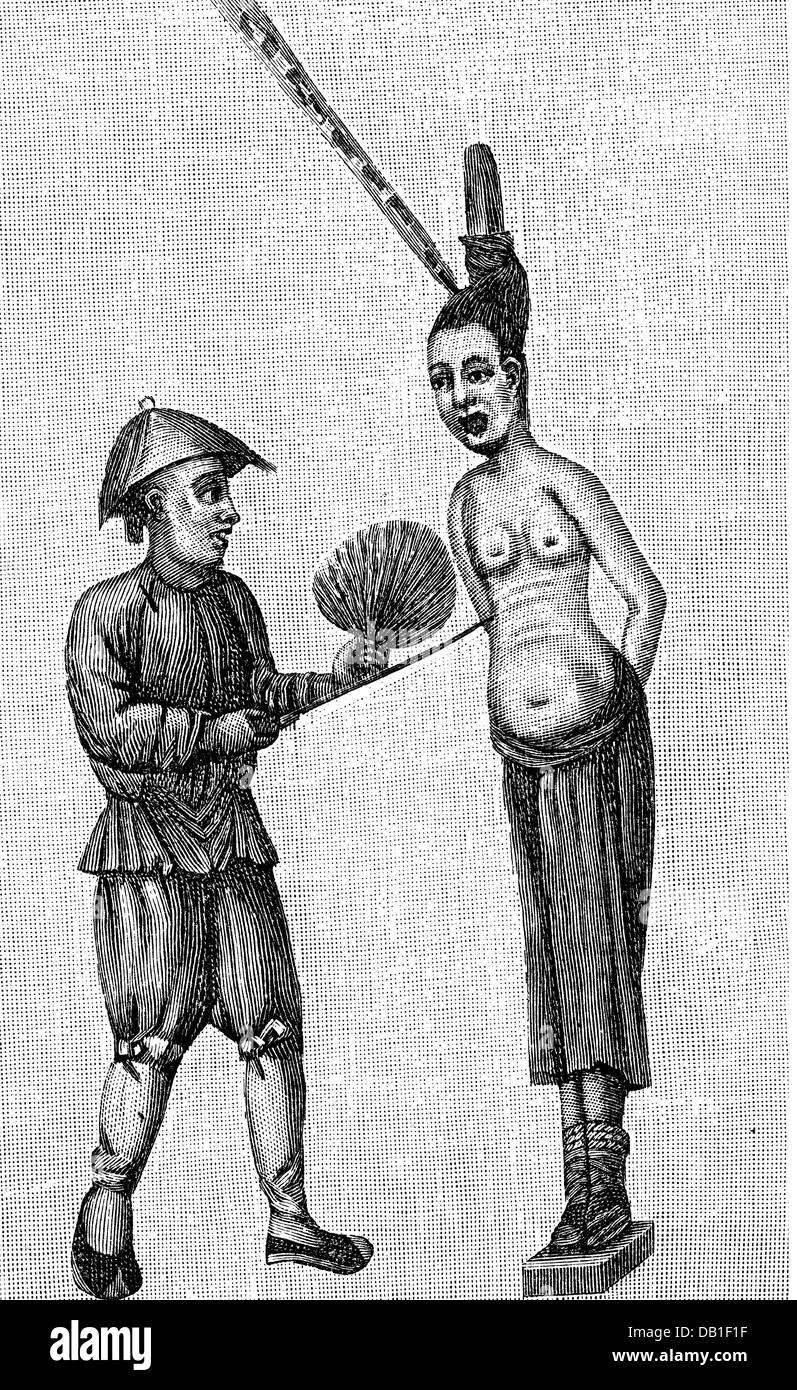 justice, penitentiary system, execution, execution of a Chinese woman, after watercolour, wood engraving, graphic, graphics, Asia, China, jurisdiction, penalties, punishment, punishments, death penalty, full length, standing, pole enchained, executioner, executioners, hangman, hangmen, execution, executions, Chinese, historic, historical, female, woman, male, man, people, women, men, Additional-Rights-Clearences-Not Available Stock Photo