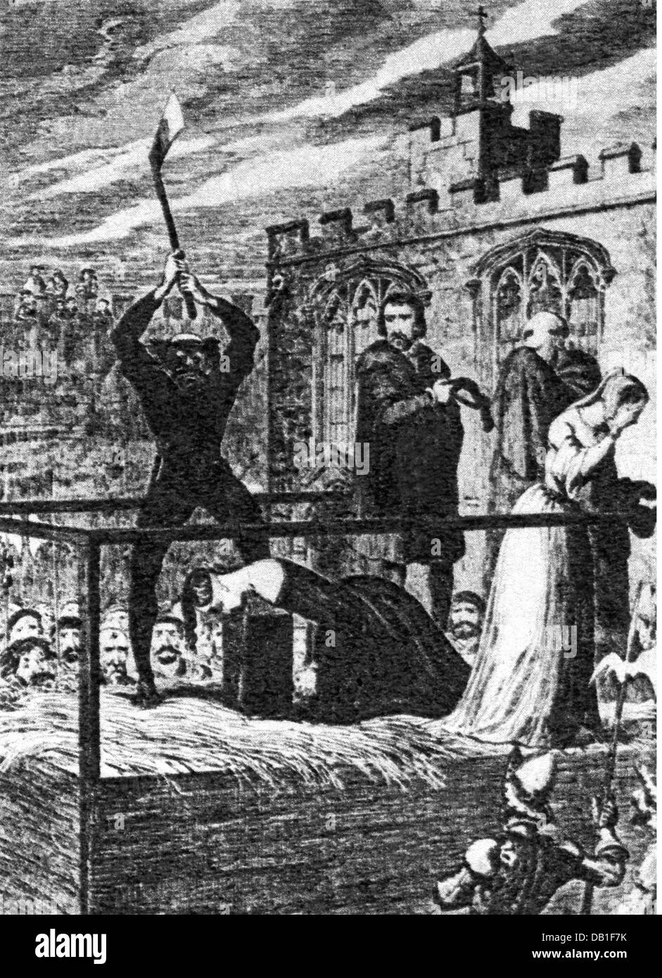 justice, penitentiary system, beheading, execution of Lady Jane Grey, Tower, London, engraving by George Cruikshank (1792 - 1878), 19th century, 16th century, graphic, graphics, Great Britain, Tudor period, jurisdiction, penalties, punishment, punishments, death penalty, executioner, executioners, decapitator, decapitators, hangman, hangmen, executioner's axe, axe, axes, ax, block, decapitation, scaffold, scaffolds, Lady Jane Grey (1536 / 1537 - 1554), for a few days queen of England 1553, Additional-Rights-Clearences-Not Available Stock Photo