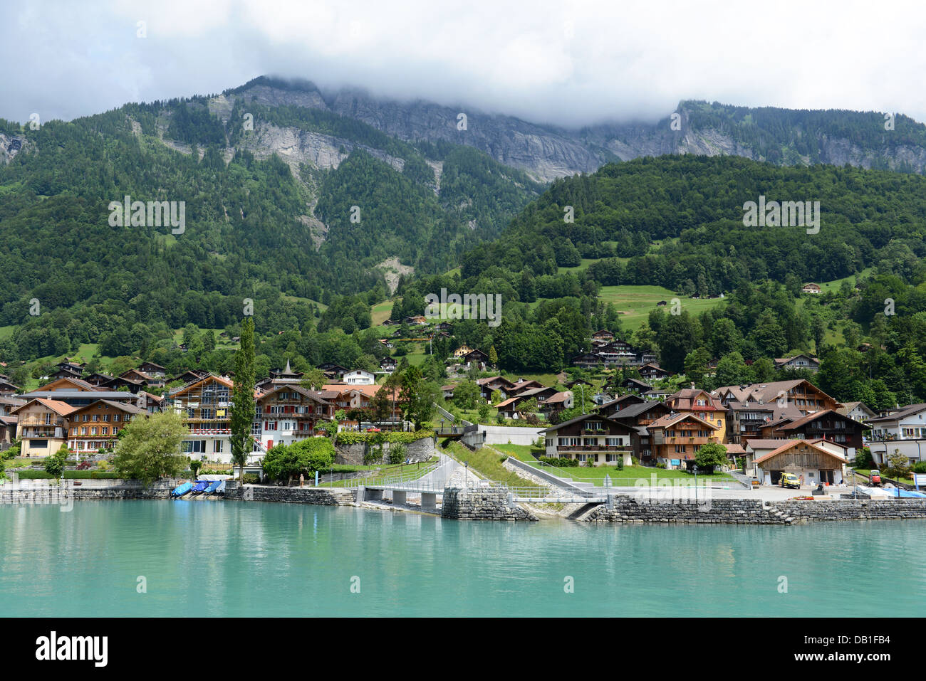 Lake Brienz is a lake in the Canon Berne in Switzerland, here with Brienz village Stock Photo
