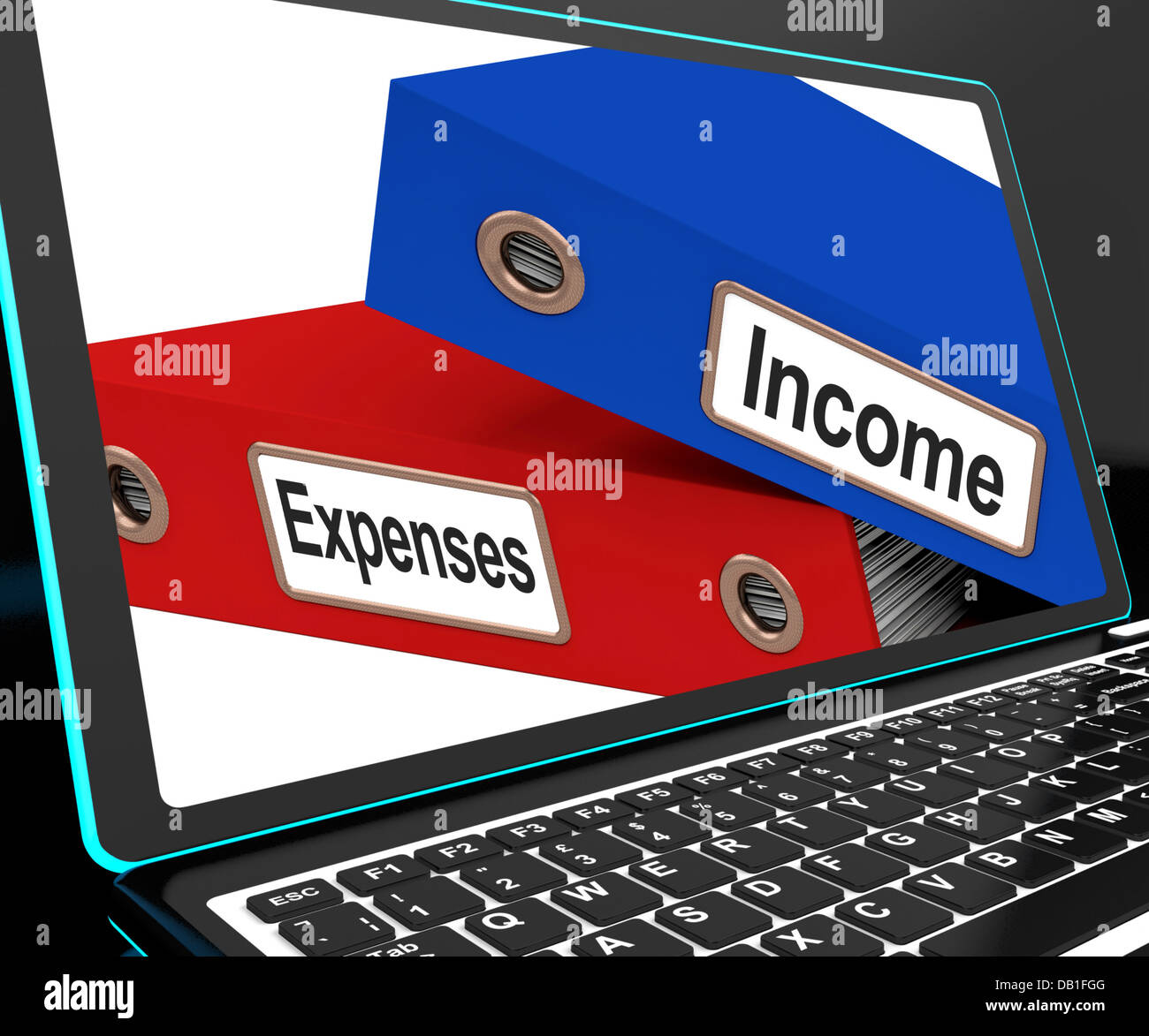 Income And Expenses Files On Laptop Shows Budgeting Stock Photo
