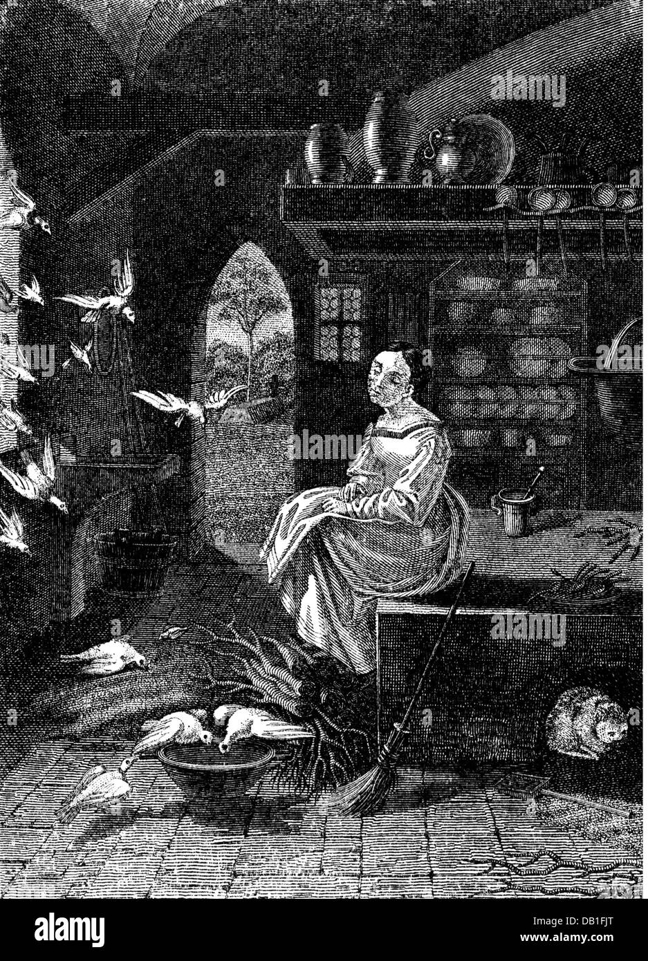 literature, fairytale, brothers Grimm, Cinderella, Cinderella and the pigeons, drawing by Ludwig Emil Grimm (1790 - 1863), from: "Kinder- und Hausmärchen", Additional-Rights-Clearences-Not Available Stock Photo