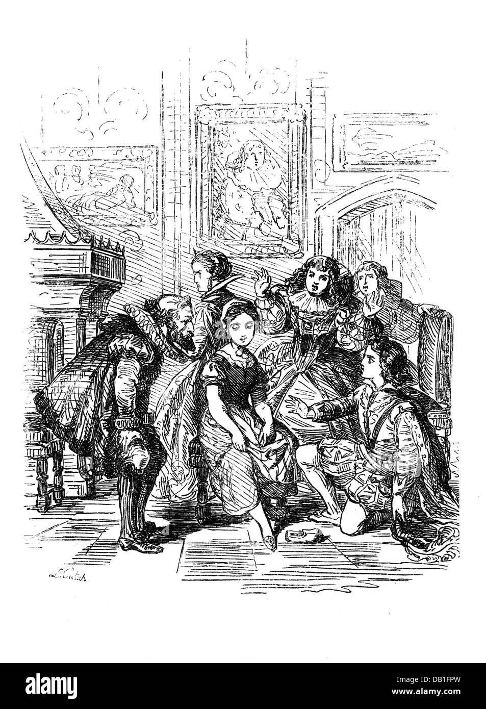 literature, fairytale, brothers Grimm, Cinderella, after drawing by Ludwig Pietsch (1824 - 1911), wood engraving, 1858, from: 'Kinder- und Hausmärchen', Additional-Rights-Clearences-Not Available Stock Photo