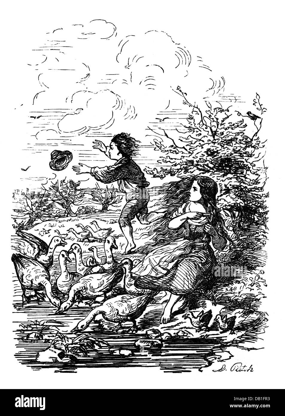 literature, fairytale, brothers Grimm, The Goose Girl, after drawing by Ludwig Pietsch (1824 - 1911), wood engraving, 1858, from: 'Kinder- und Hausmärchen', Additional-Rights-Clearences-Not Available Stock Photo
