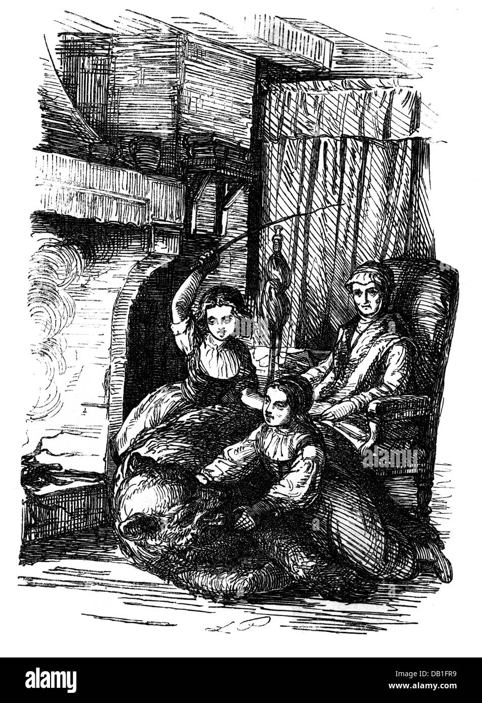 literature, fairytale, brothers Grimm, Snow-White and Rose-Red, after drawing by Ludwig Pietsch (1824 - 1911), wood engraving, 1858, from: 'Kinder- und Hausmärchen', Additional-Rights-Clearences-Not Available Stock Photo