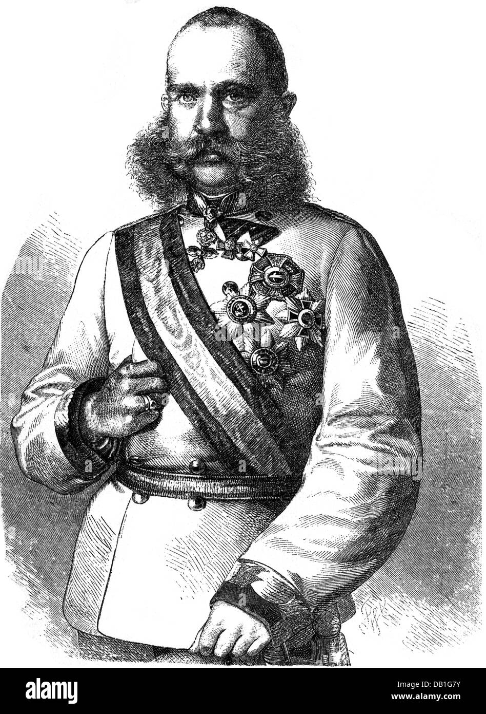 Franz Joseph I, 18.8.1830 - 21.11.1916, Emperor of Austria 2.12.1848 - 21.11.1916, half length, wood engraving, circa 1870, Stock Photo