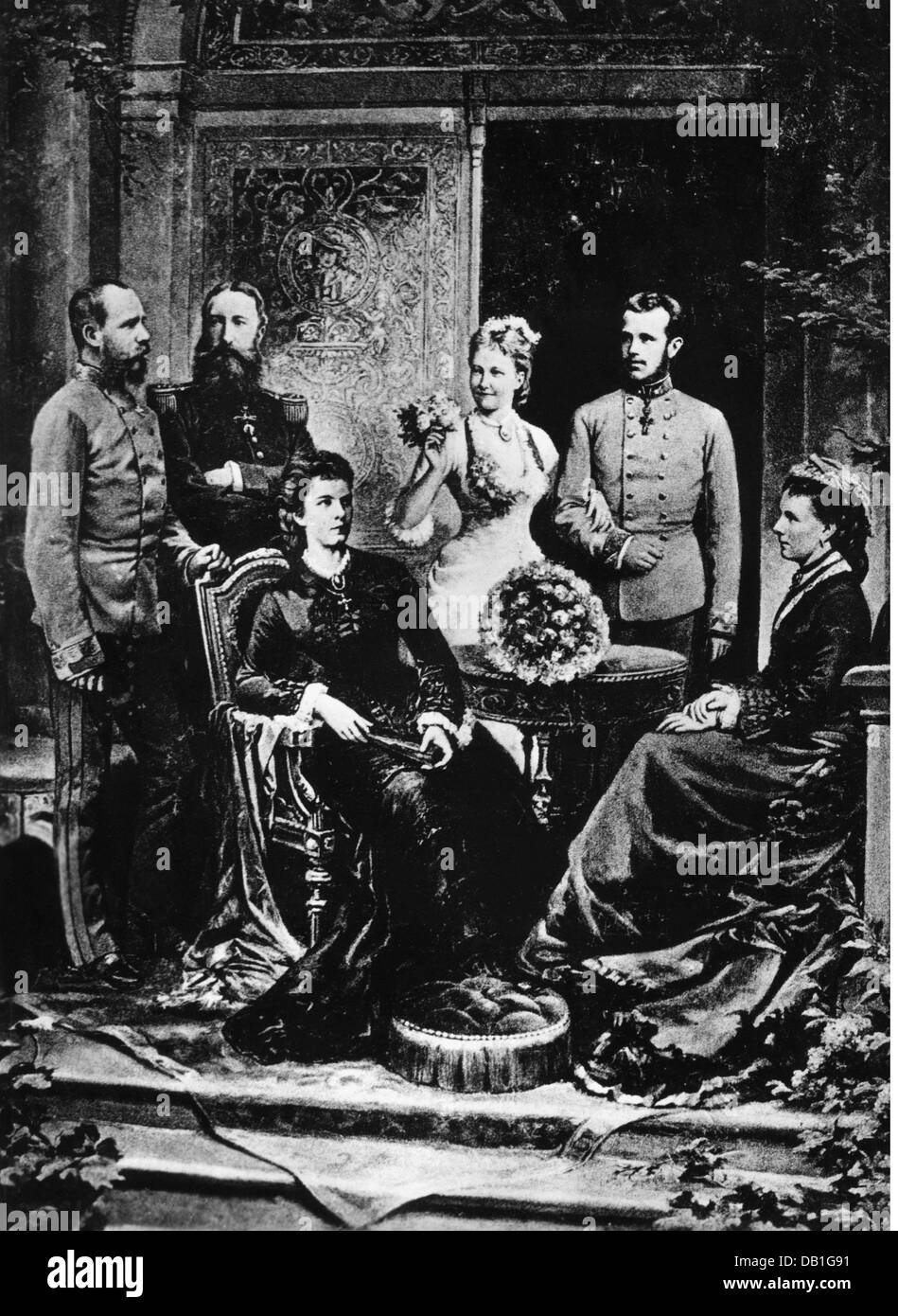 Rudolf, 21.8.1858 - 30.1.1889, Crown Prince of Austria-Hungary, with wife Stephanie, parents Emperor Franz Joseph I and Empress Elisabeth, parents-in-law King Leopold II of Belgium and Queen Marie Henriette, 1881, composite photograph, Stock Photo