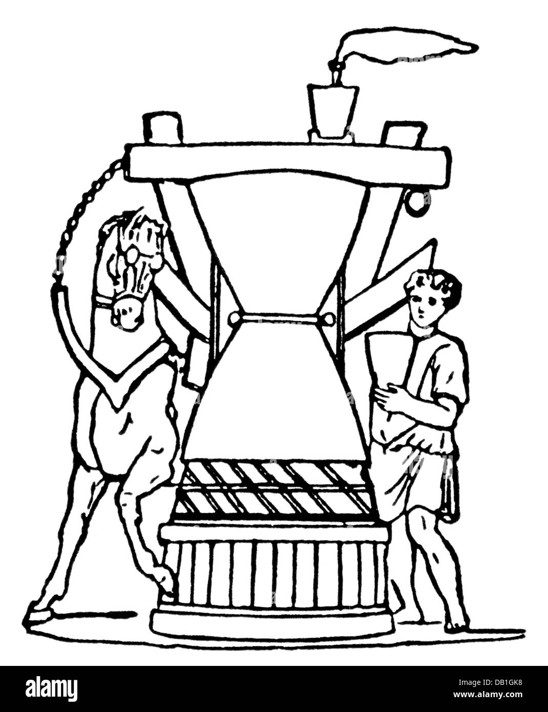 food, flour, rotating mill in a Roman bakery, driven by a horse, 1st century AD, drawing, 20th century, grind, grind up, grinding, milling, grain, grain mill, gristmill, corn mill, flour mill, grain mills, gristmills, corn mills, flour mills, animals, animal, technics, technology, technologies, Roman, Romans, Roman Empire, ancient world, ancient times, food, foodstuff, mill, mills, bakery, bakeries, driving, drive, horse, horses, historic, historical, ancient world, people, Additional-Rights-Clearences-Not Available Stock Photo