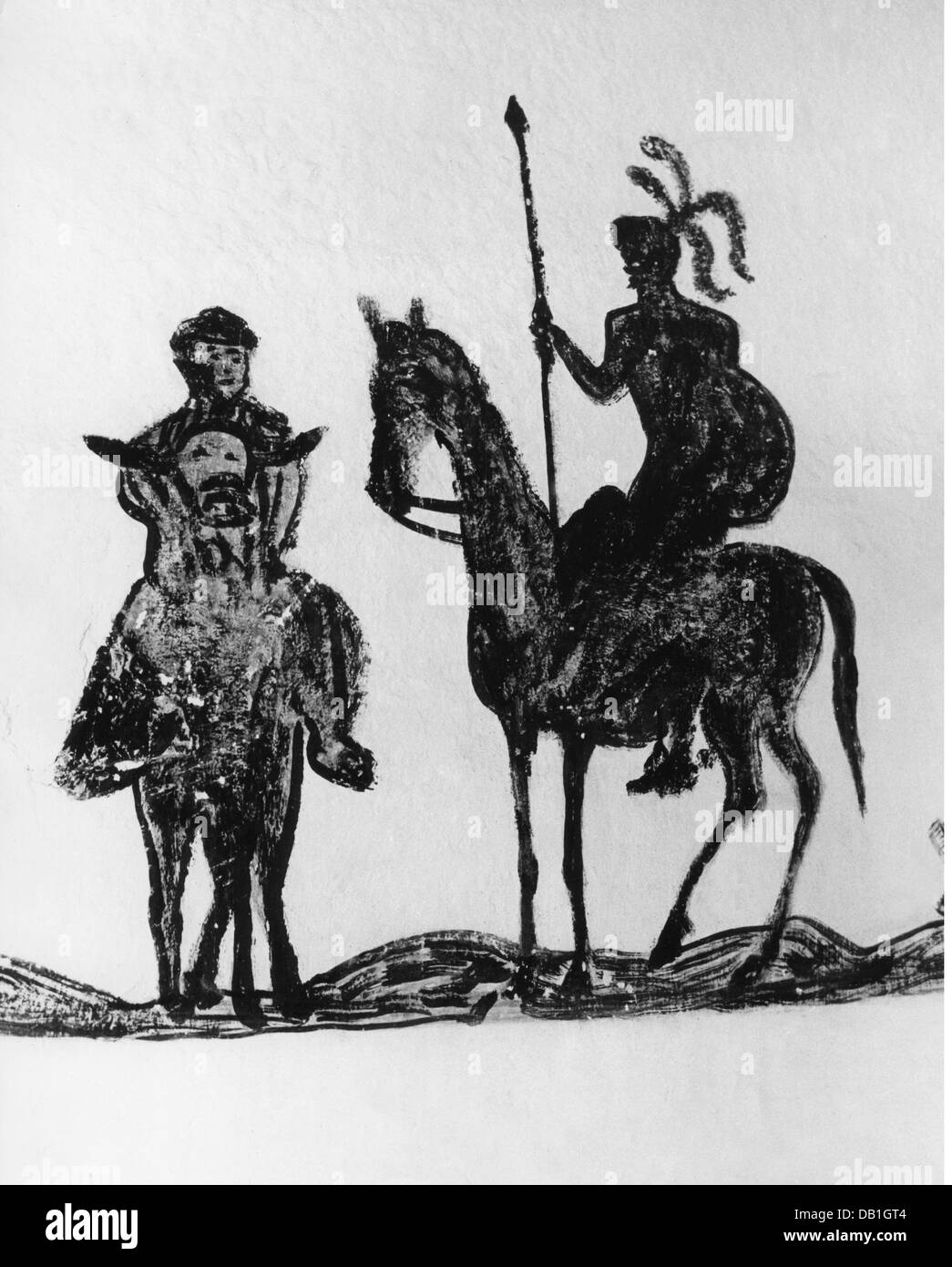 literature, Don Quixote, Sancho Pansa and Don Quixote, drawing on exterior wall, Puerto Lapice, Spain, graffito, Miguel de Cervantes Saavedra, rider, riders, riding, donkey, donkeys, horse, horses, squire, knight's attendant, squires, knight's attendants, knight, knights, lance, lances, historic, historical, man, men, male, 1980s, 20th century, people, Additional-Rights-Clearences-Not Available Stock Photo