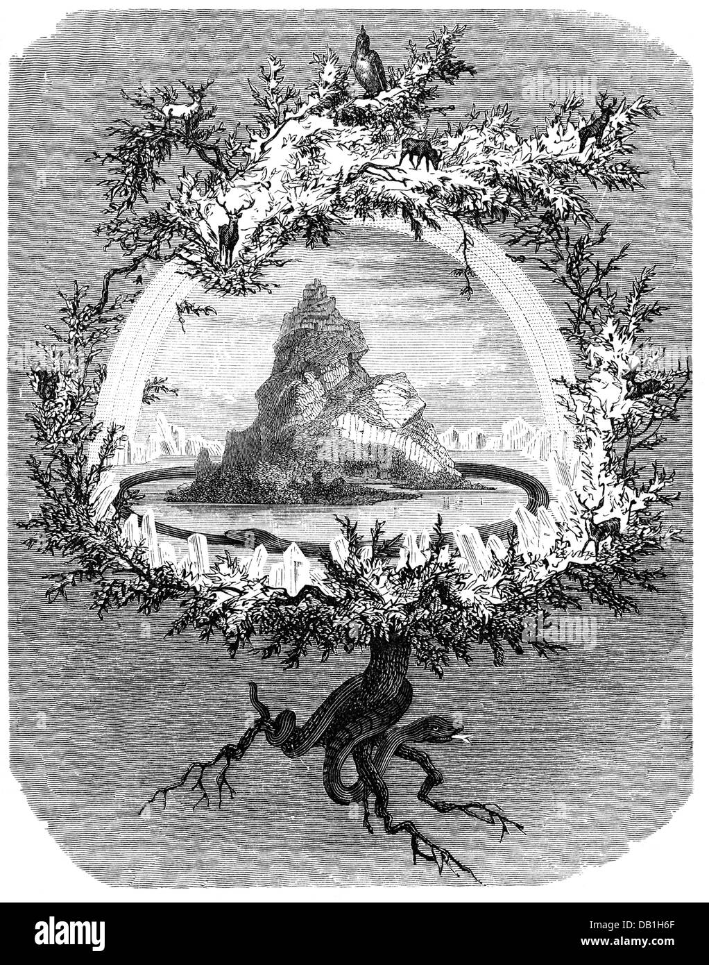 literature, Norse sagas, Yggdrasil, wood engraving after drawing by Friedrich Wilhelm Heine, 1887, Additional-Rights-Clearences-Not Available Stock Photo