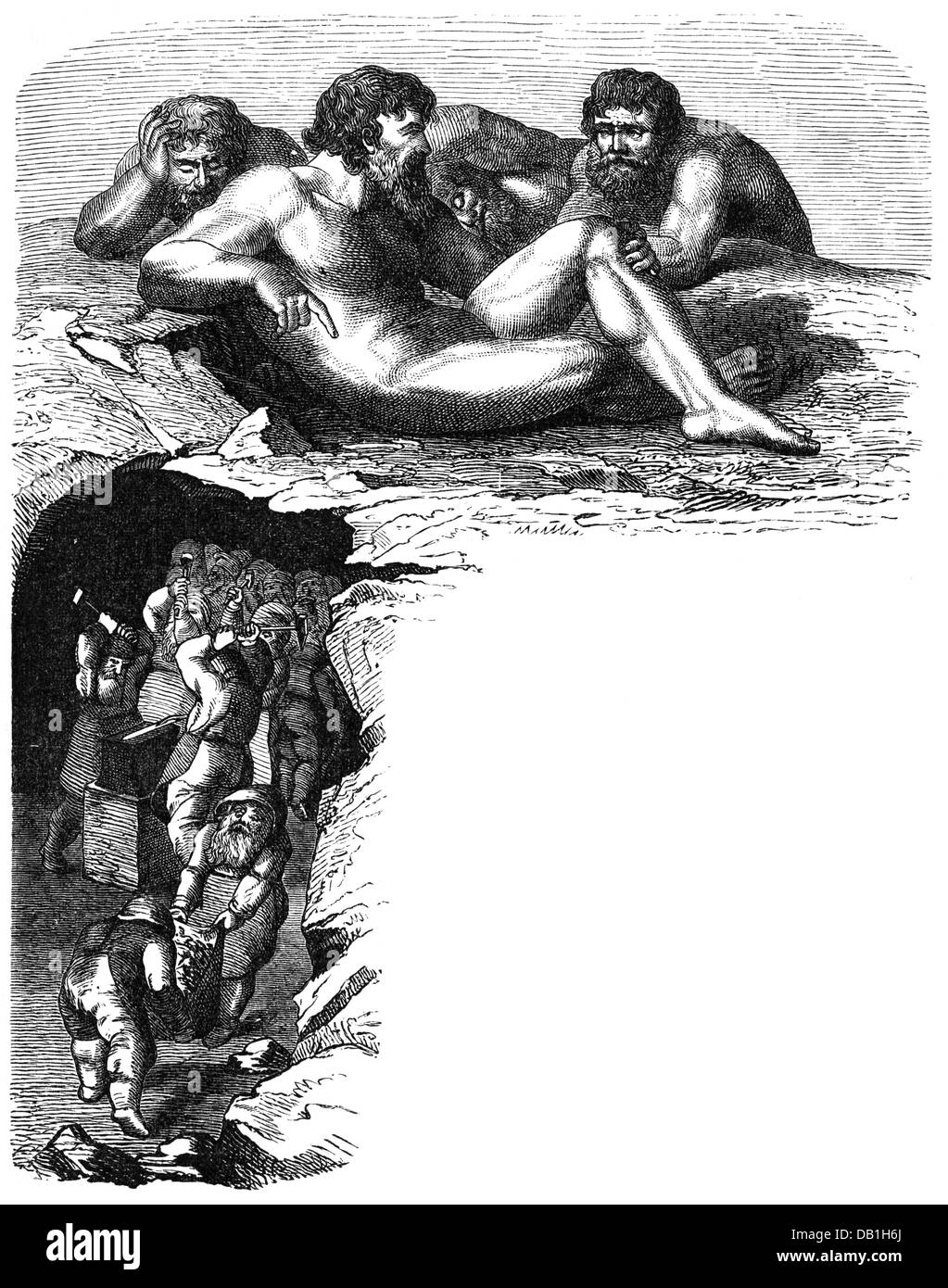 literature, Norse Sagas, giants and dwarfs, wood engraving after drawing by Karl Ehrenberg, 1887, Additional-Rights-Clearences-Not Available Stock Photo