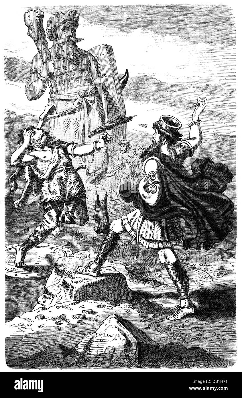Thor (Donar), Germanic God of the thunder, duel with the giant Hrungnir, wood engraving after drawing by Carl Emil Doepler, 1887, Stock Photo