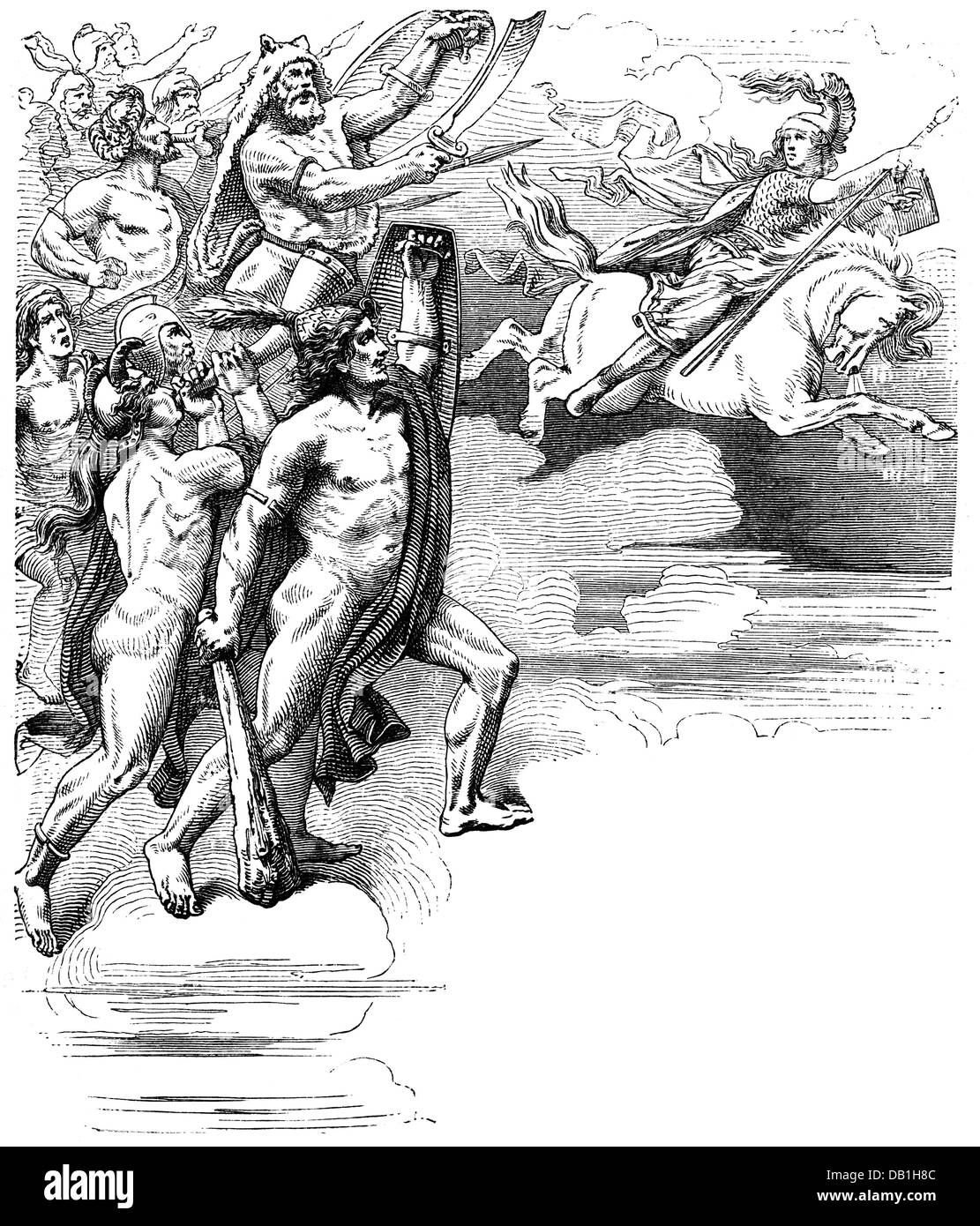 literature, Norse sagas, Valkyries are leading the warriors into battle, wood engraving after drawing by Friedrich Wilhelm Heine, 1887, Additional-Rights-Clearences-Not Available Stock Photo