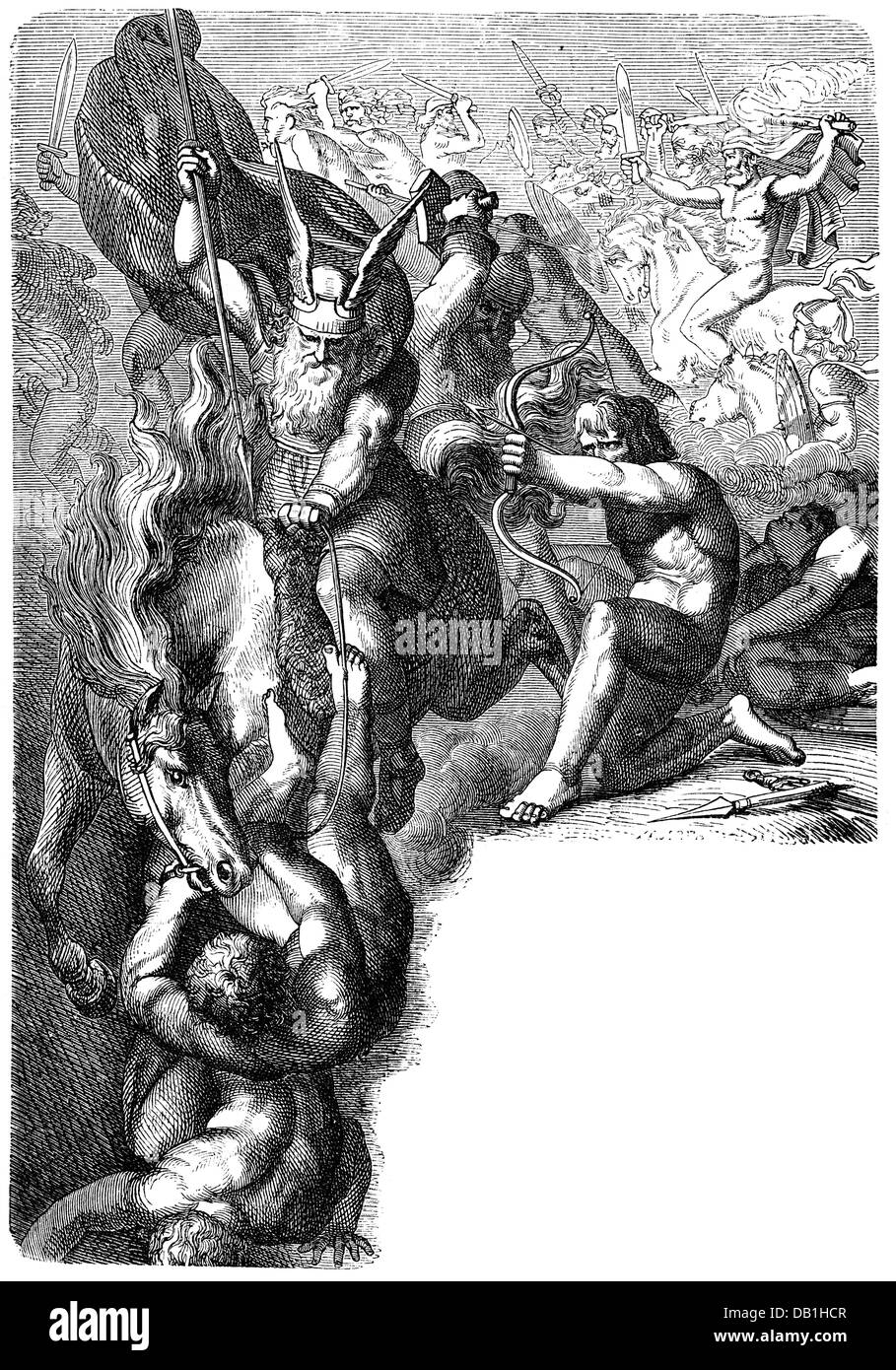literature, nordic legend, fight of the Aesir against the Vanir, wood engraving after drawing by Karl Ehrenberg, 1887, Additional-Rights-Clearences-Not Available Stock Photo