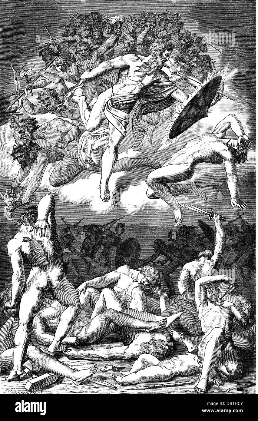 literature, Norse sagas, Ragnarök, the Fall of the Aesir, wood engraving after drawing by Karl Ehrenberg, 1887, Additional-Rights-Clearences-Not Available Stock Photo