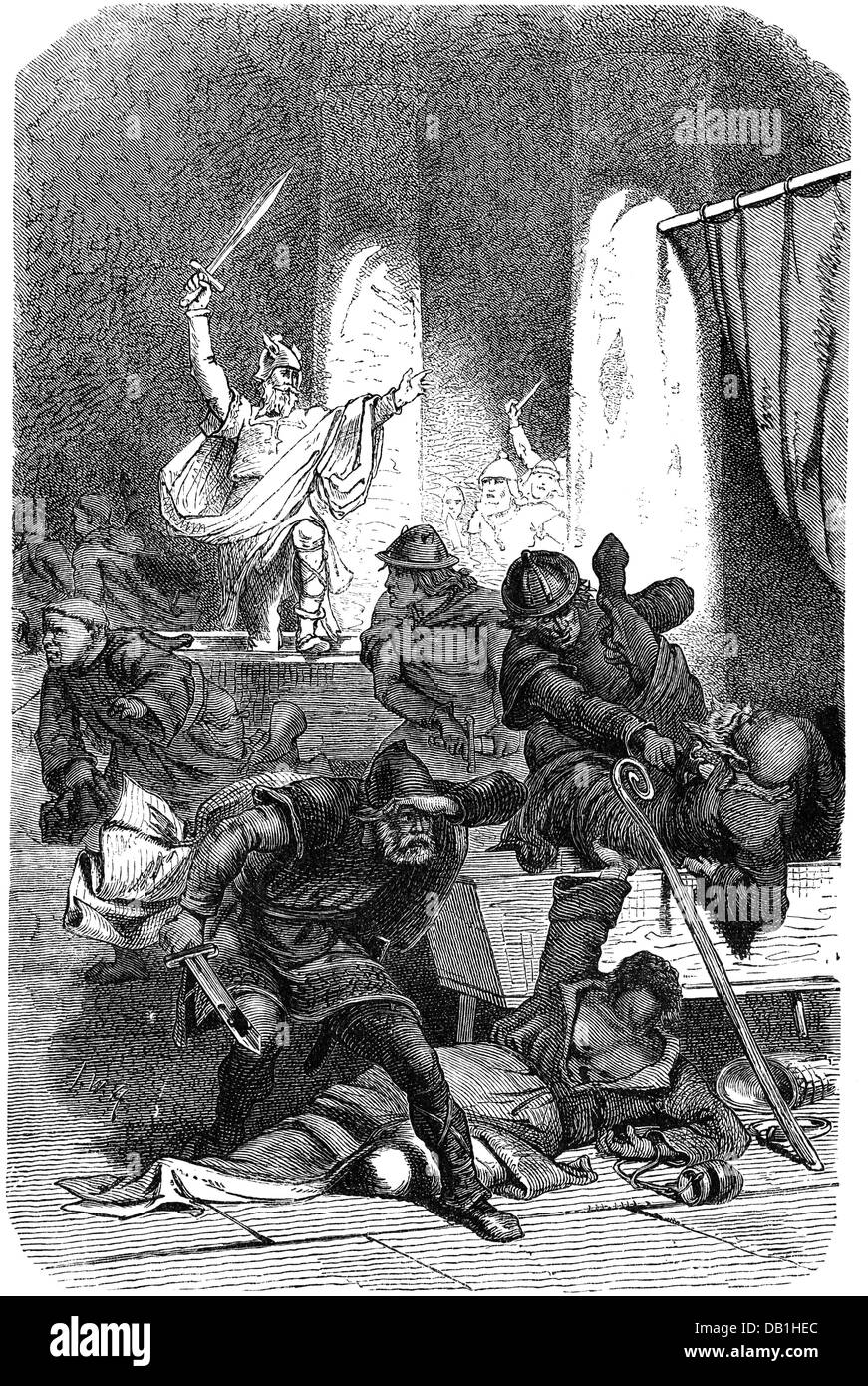 Middle Ages, Vikings, raid, Vikings under Hasting are conquering Luna, Italy, 860, wood engraving after drawing by Friedrich Wilhelm Heine, 1887, Germanics, Germanic people, Viking age, people, men, man, Luni, Liguria, trick, tricks, stratagem, stratagems, coffin, casket, coffins, caskets, pretend death, conquest, conquests, church, churches, Christian monk, 9th century, raid, raids, Viking, Vikings, conquering, conquer, conquers, historic, historical, medieval, male, Additional-Rights-Clearences-Not Available Stock Photo