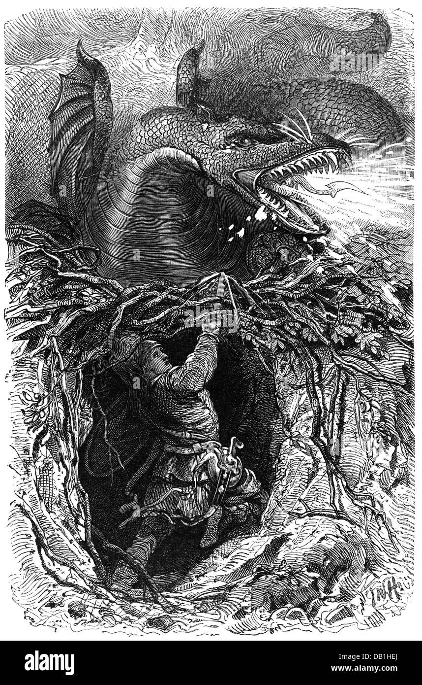literature, Norse sagas, Volsunga Saga, Sigurd kills the dragon Fafnir, wood engraving after drawing by Friedrich Wilhelm Heine, 1887, Additional-Rights-Clearences-Not Available Stock Photo