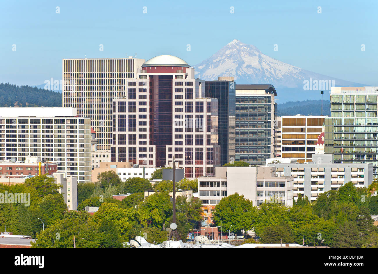 Portland Oregon downtown skyline and Mt. Hood. Stock Photo