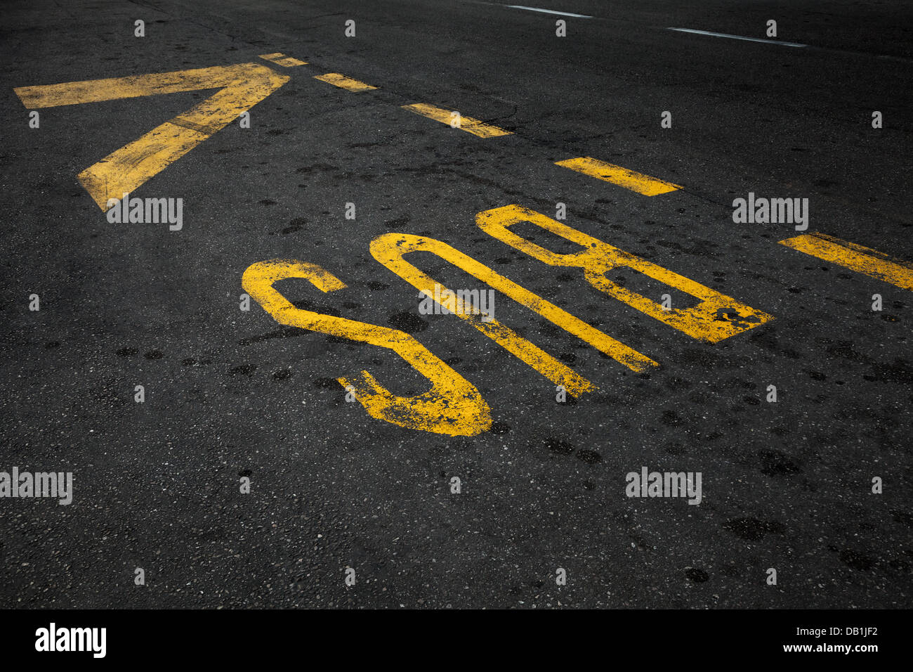 Yellow bus stop marking on urban asphalt road Stock Photo Alamy