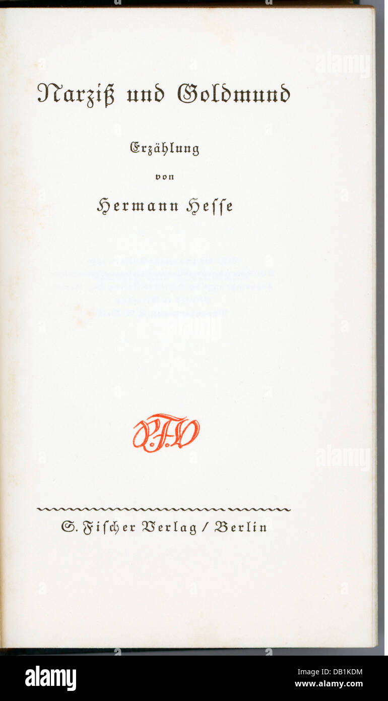 books, Hermann Hesse: 'Narcissus and Goldmund' ('Narziss und Goldmund'), 1st - 20th edition, S. Fischer publisher, Berlin, 1930, title, Additional-Rights-Clearences-Not Available Stock Photo