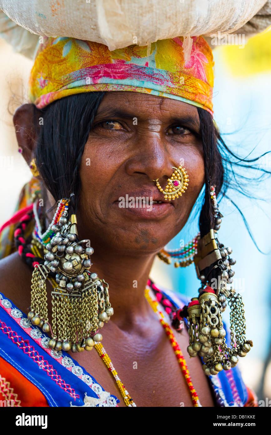 Lambada (several different names apply).  Portrait of a sort of Indian Gypsy in Karnataka, India Stock Photo