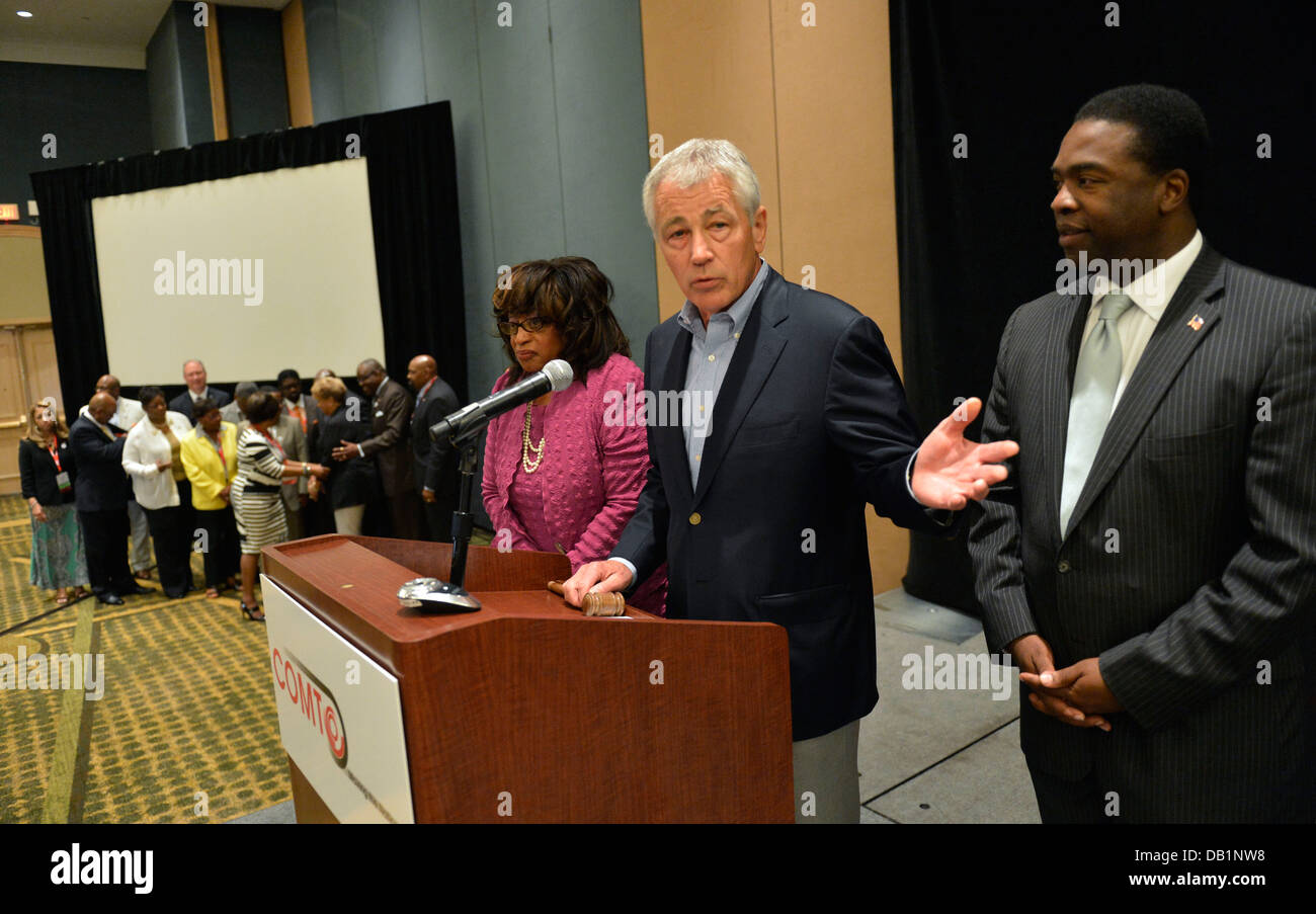 Secretary of Defense Chuck Hagel delivers remarks during the Conference of Minority Transportation Officials July 16, 2013, in Jacksonville, Fla. Hagel was en route to Naval Air Station Jacksonville as part of a three-day trip to visit several installatio Stock Photo