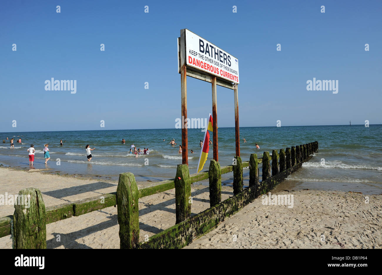 Littlehampton UK - RNLI Lifeguards swimming warning notice sign at Littlehampton beach and seafront Stock Photo