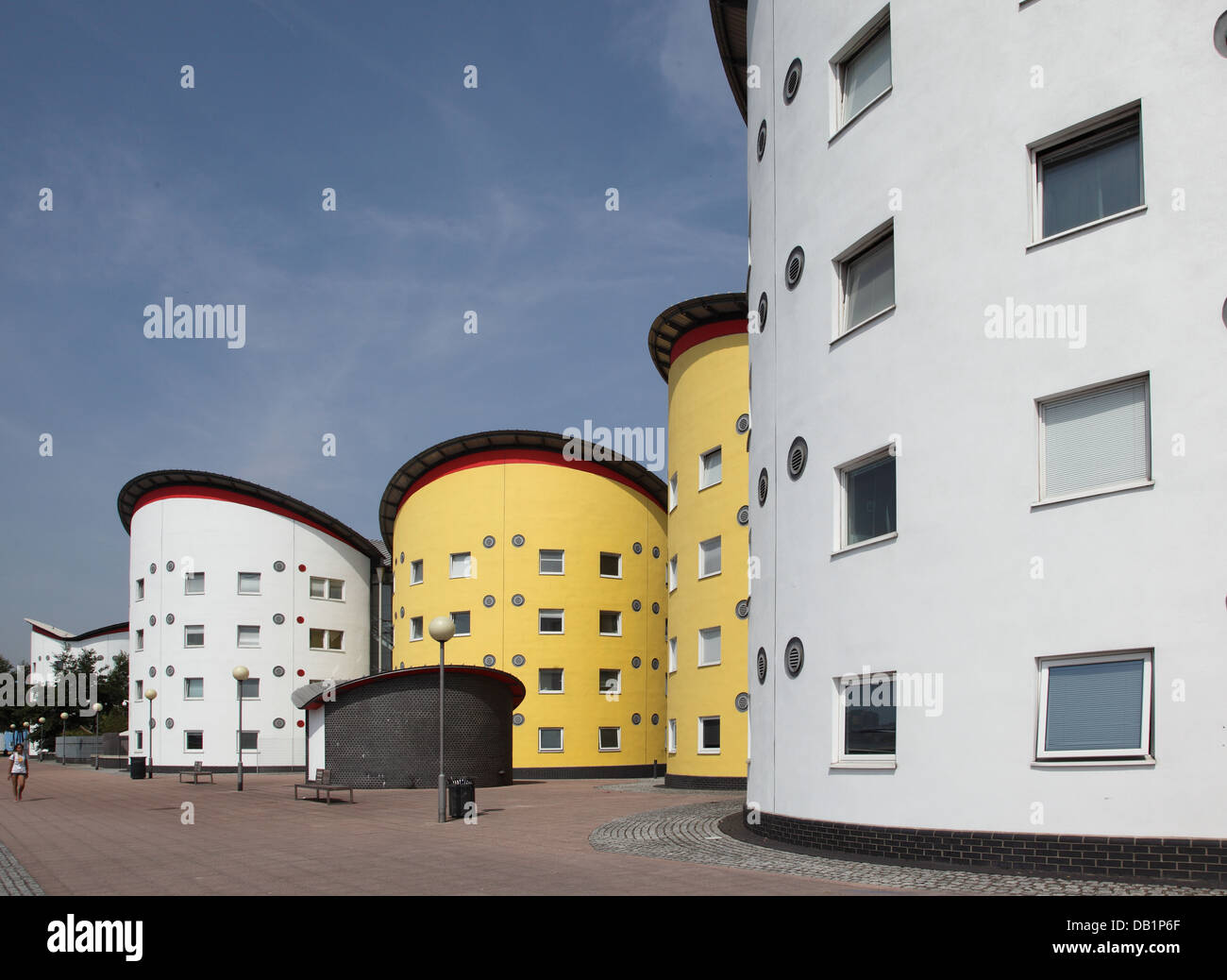 Circular residential blocks for students at the University of East London, UK, next to the Royal Albert Dock, designed by architect Ted Cullinan. Stock Photo