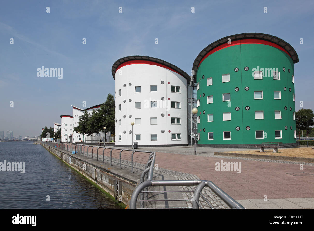 Circular residential blocks for students at the University of East London, UK, next to the Royal Albert Dock, designed by architect Ted Cullinan. Stock Photo