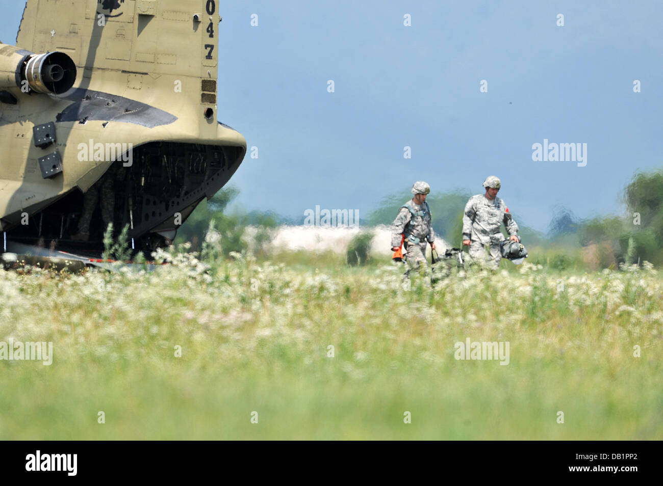 Paratroopers from the 173rd Airborne Brigade Combat Team participated in a joint parachute training jump with CH-47 Chinook aircraft from the 12th Combat Aviation Brigade here July 16. Also participating were Italian army paratroopers from the Folgore Par Stock Photo