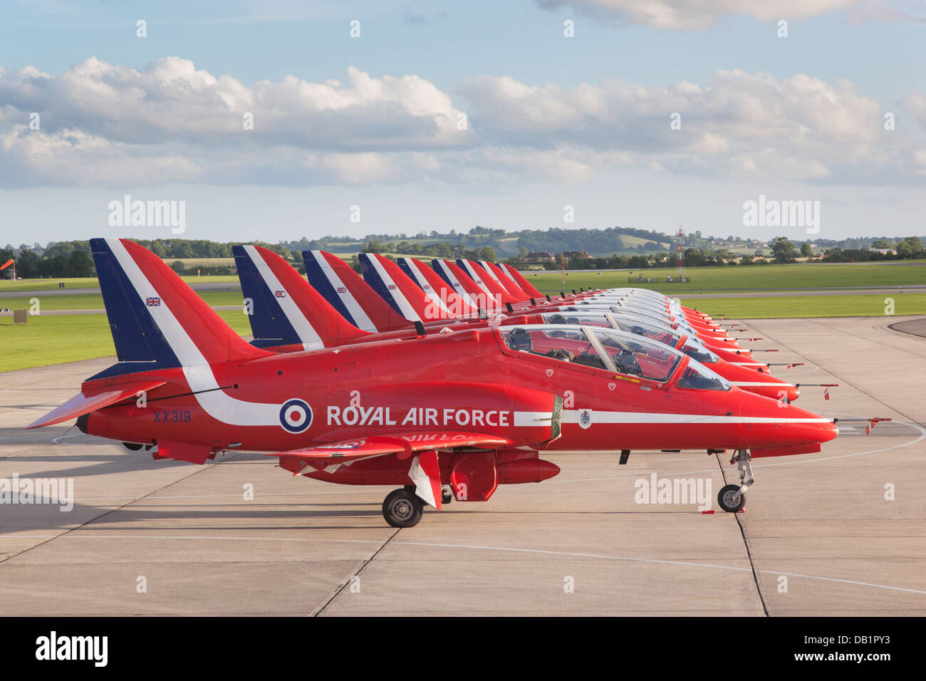 The RAF Red Arrow Hawk T1a's lined up on the runway before a display. Stock Photo