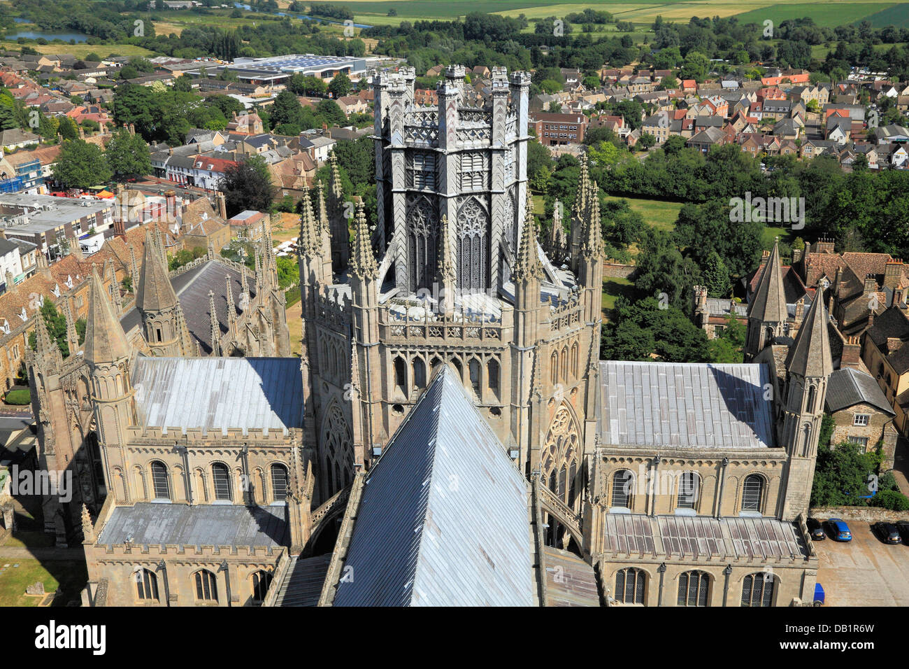 Ely Cathedral, Octagon tower, lantern nave roof and City, from West Tower, Cambridgeshire England UK English medieval cathedrals Stock Photo