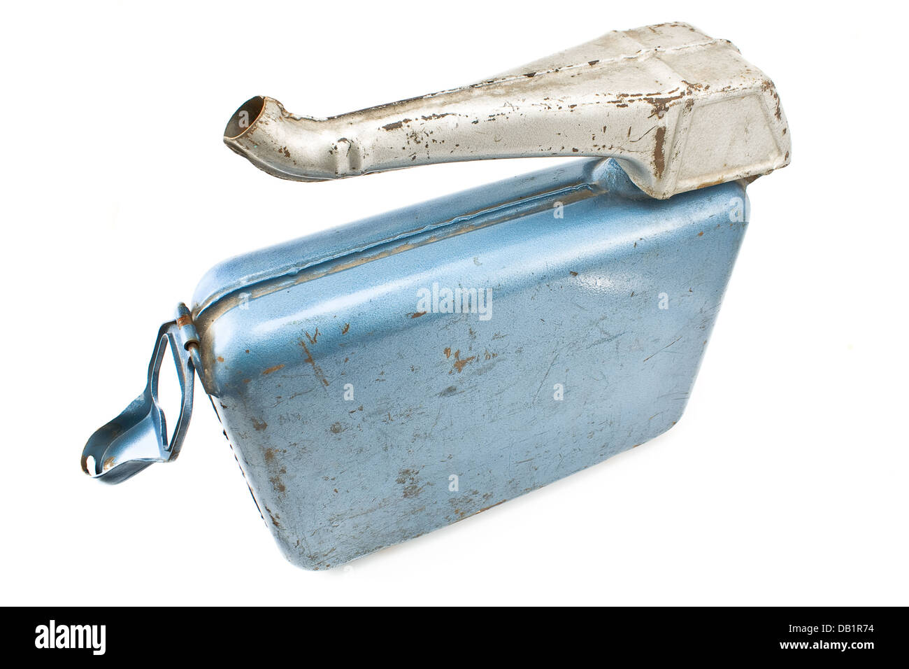 Old rusty gasoline jerry can with lid isolated on white Stock Photo