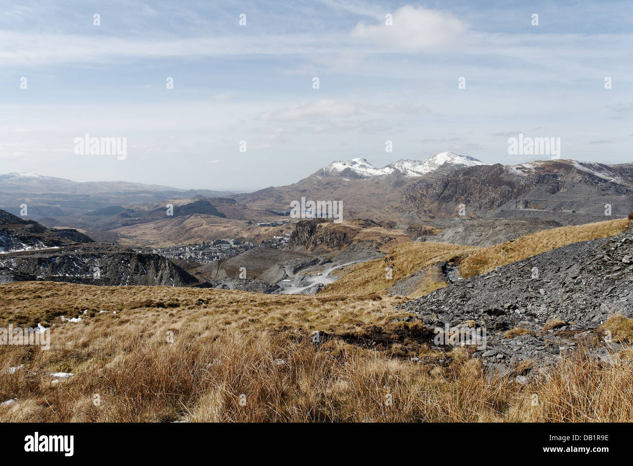 Maen Offeren Quarry and the Moelwyns, Snowdonia Stock Photo