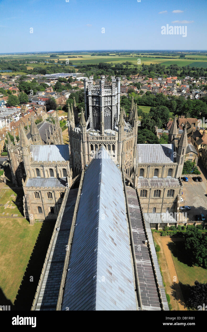 Ely Cathedral, Octagon tower, lantern nave roof and City, from West Tower, Cambridgeshire England UK English medieval cathedrals Stock Photo