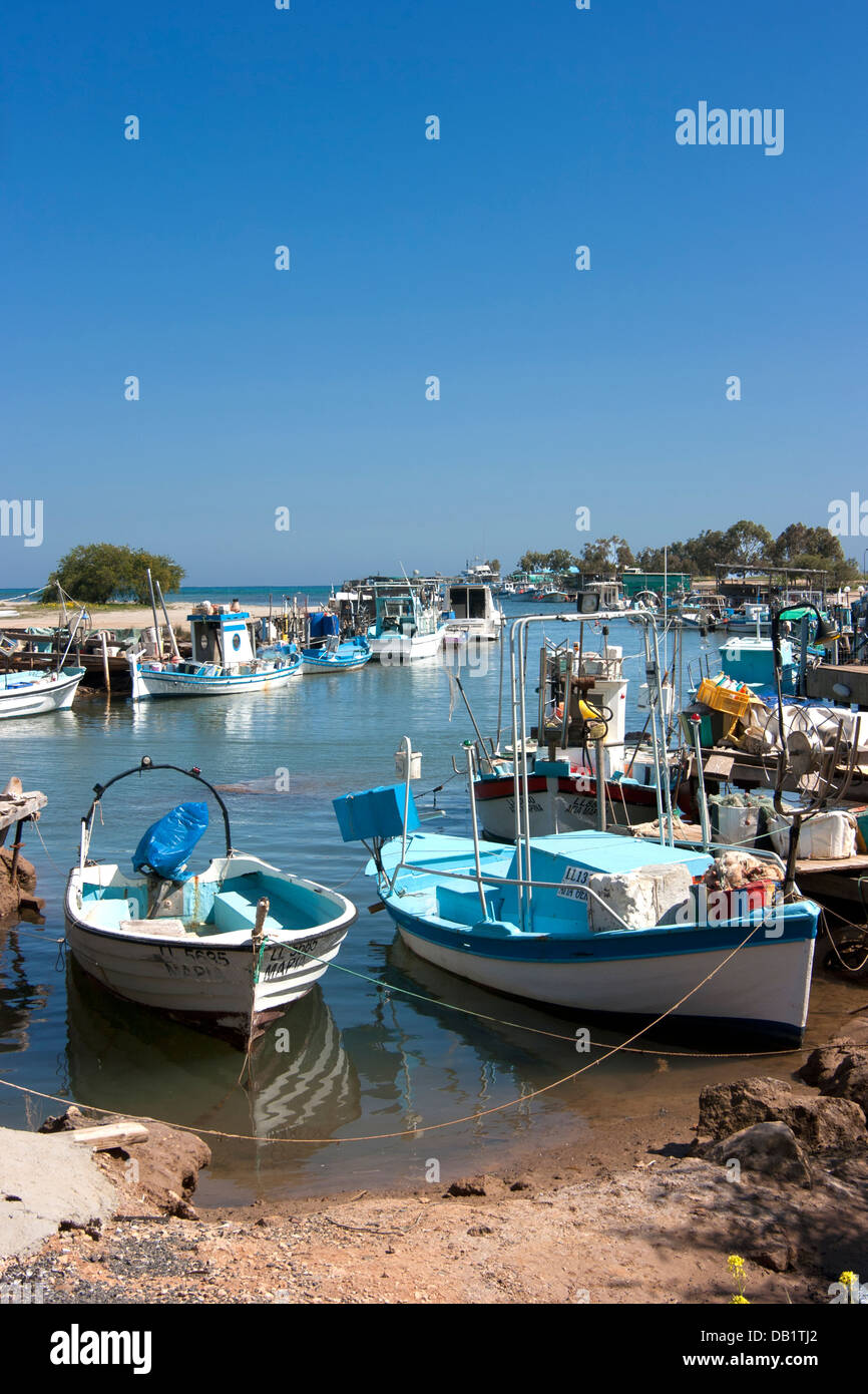 Fishing boats moored on the Liopetri river, Potamos, Cyprus Stock Photo