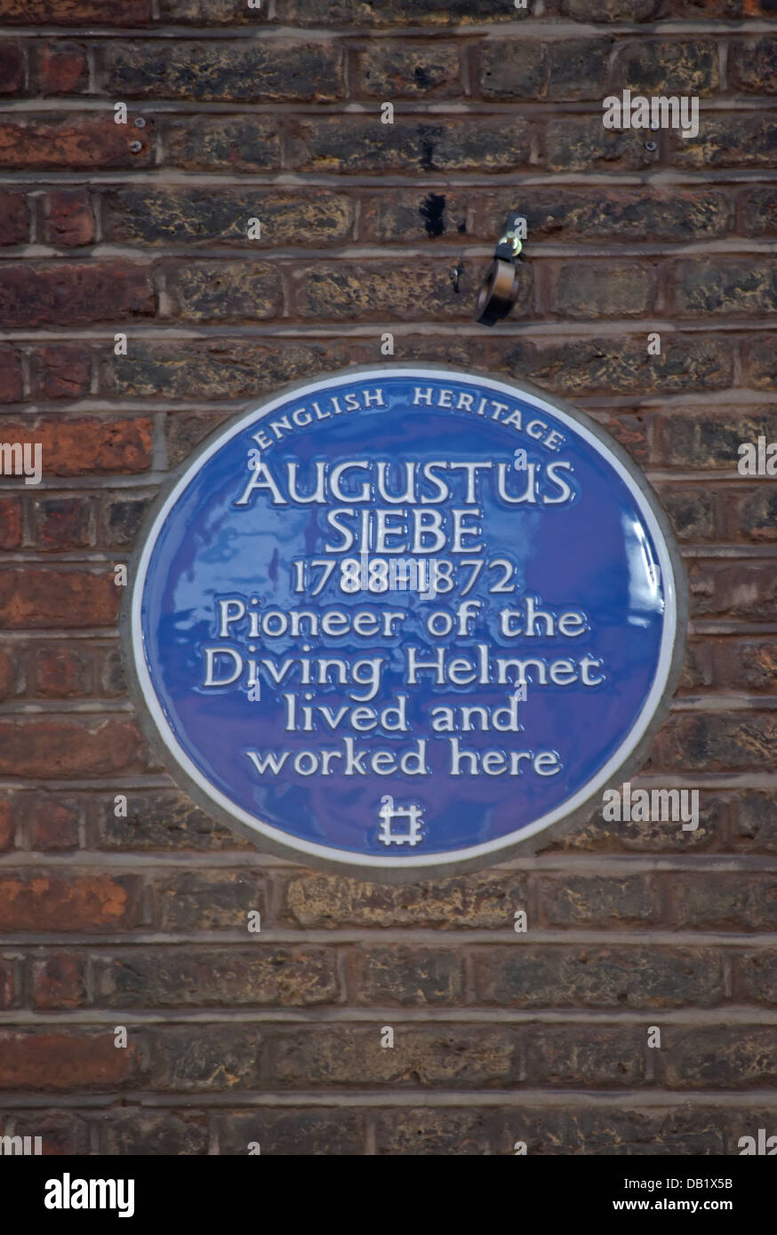 english heritage blue plaque marking the home and workplace of augustus siebe, pioneer of the diving helment Stock Photo