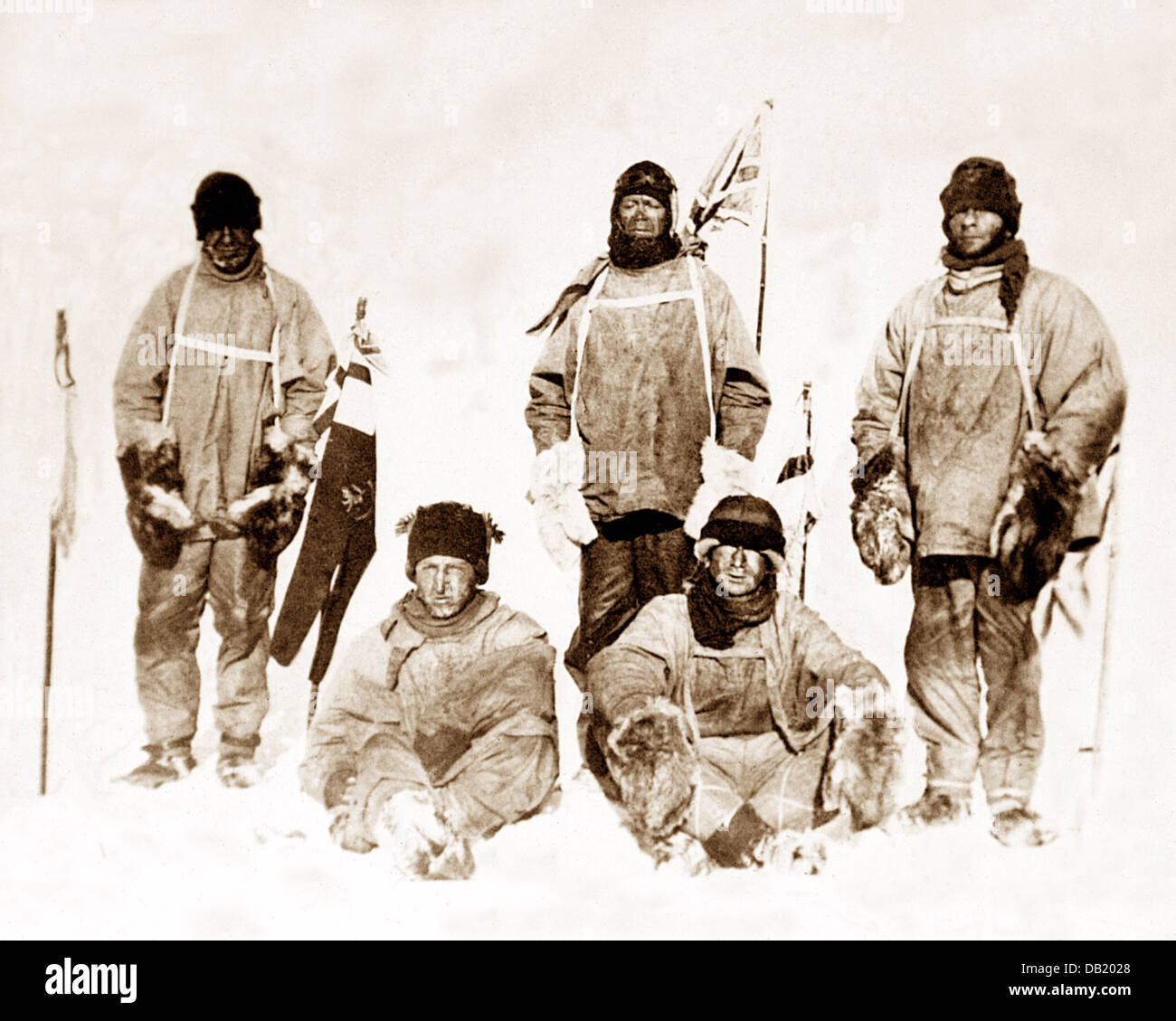 Scott's Antarctic Expedition At the South Pole left to right Oates Bowers Scott Wilson Evans on 17th January 1912. Stock Photo