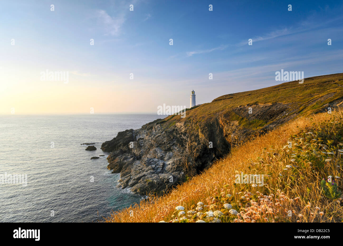 The lighthouse at Trevose Head on Cornwall's rugged north coast. Stock Photo