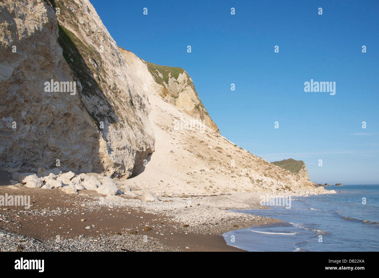 A huge scree of debris from a landslide which occurred when the cliff collapsed at St Oswald’s Bay on April 30th 2013. The Jurassic Coast, Dorset, UK. Stock Photo
