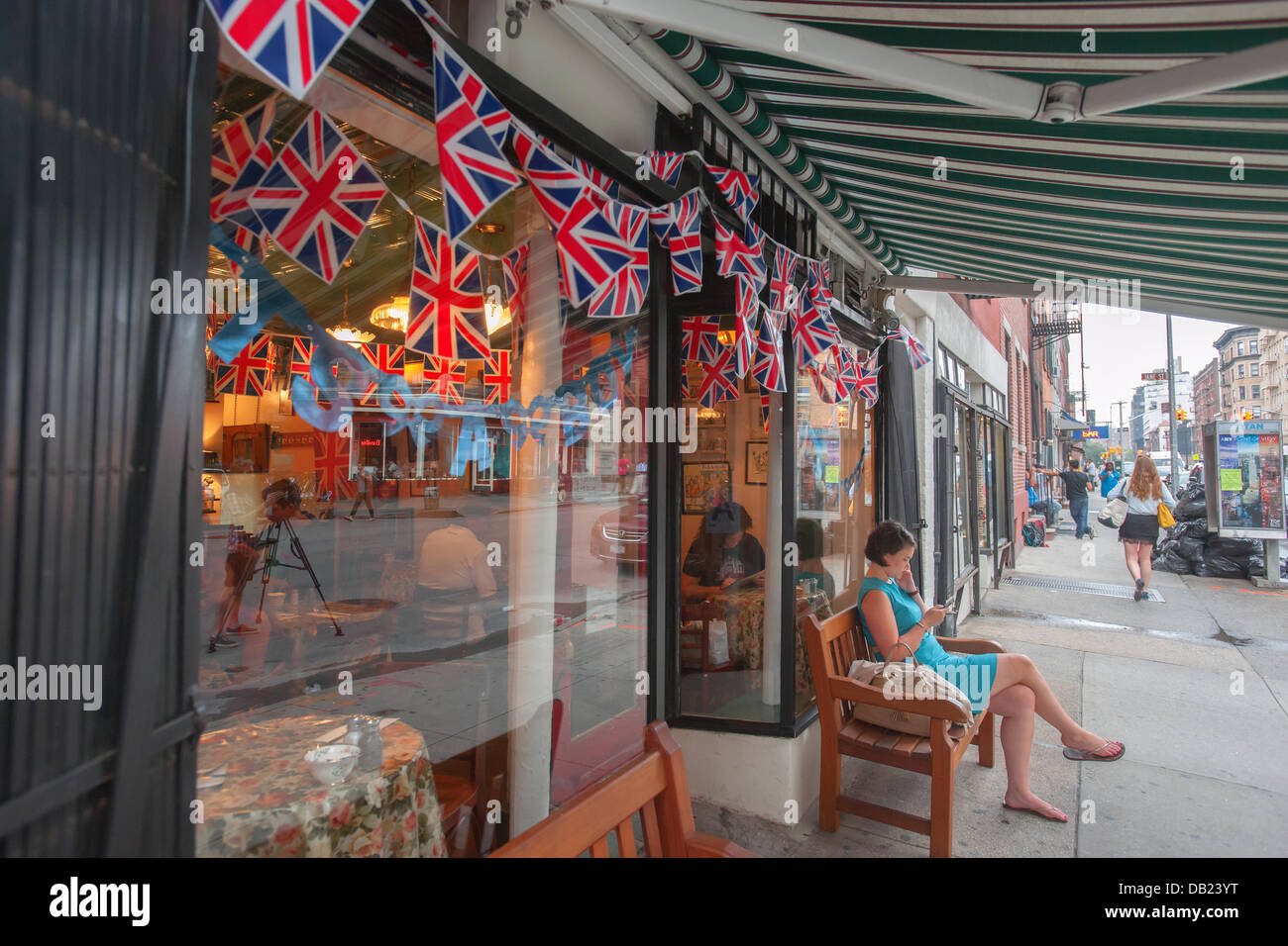 New York City, USA. 22nd July, 2013. British restaurant Tea & Sympathy joins other British themed stores on Greenwich Avenue in New York, known colloquially as 'Little Britain', all decked out in the Union Jack to celebrate the birth of Prince William and Kate's as yet unnamed boy. The child is third in line to the British throne. Credit:  Richard B. Levine/Alamy Live News Stock Photo