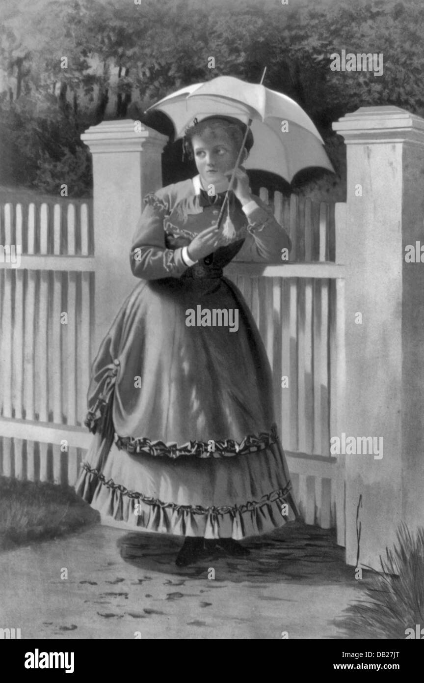 Music cover showing fashionably dressed woman holding parasol, circa 1868 Stock Photo