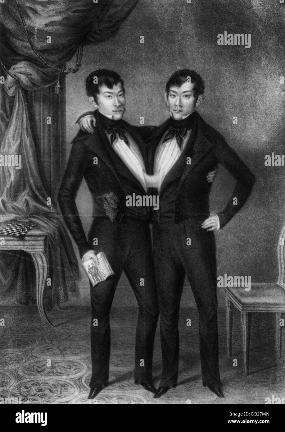 Chang and Eng Bunker, conjoined Siamese twins, circa 1837 Stock Photo