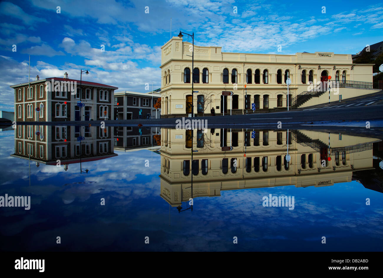 Historic Port Chalmers Museum and Port Chalmers Town Hall, reflected in