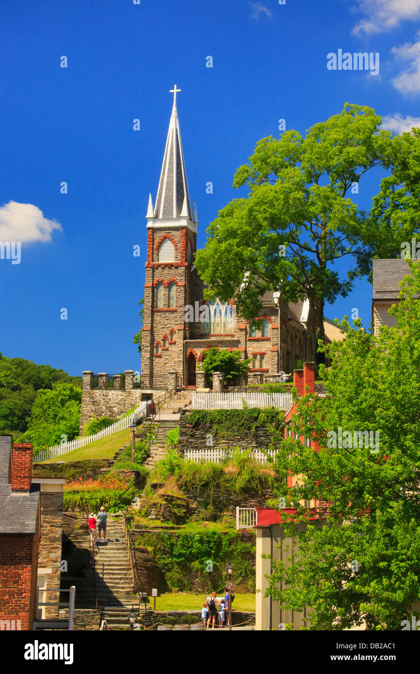 The Stone Steps, Appalachian Trail, and Saint Peters Catholic Church, Harpers Ferry, West Virginia, USA Stock Photo