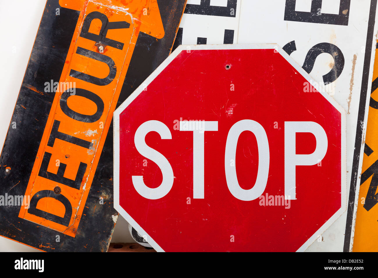Detour sign, stop sign and road closed sign as a background Stock Photo